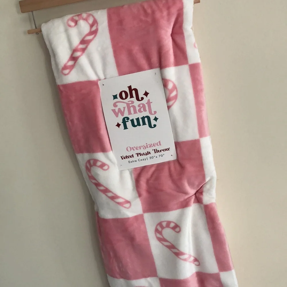 OH WHAT FUN!! Pink Candy Cane Plush Throw Blanket